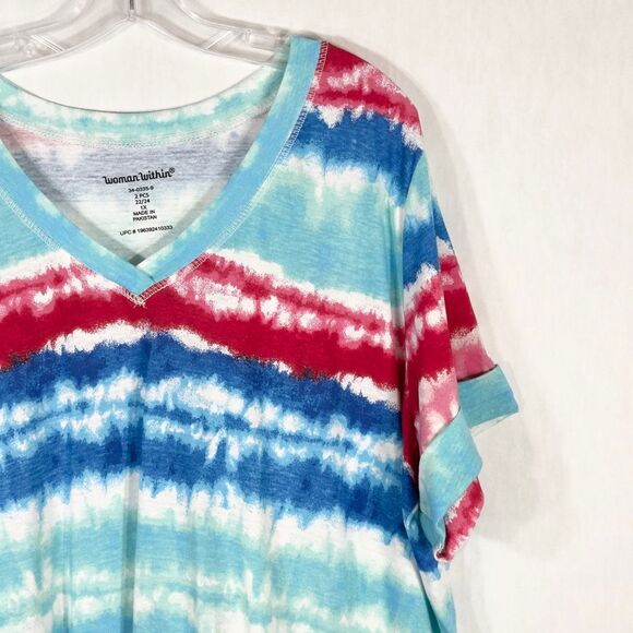 Woman Within Plus Size 1X 22W 24W Top Blue Red Tie Dye Striped V‎ Neck 1652 - Picture 5 of 9
